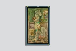 SALLY MOORE oil on board - 'In a Glass House', unsigned, 44.5 x 25 ins (113 x 64 cms)