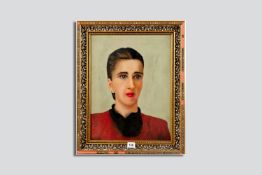 Follower of GWEN JOHN oil on canvas - portrait of a lady in a red dress, bears signature, 17.5 x