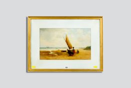 FRANK RAWLINGS OFFER oil on board - beached boat with figures and distant ports with numerous