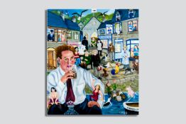 CARL HODGSON oil on canvas, unframed - depiction of Dylan Thomas' Under Milk Wood, entitled verso '