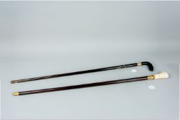 Two walking canes with yellow metal mounts, both with carved handles, one of a fist gripping a