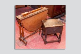 A 19th Century jointed oak box seat stool, the lift-up lid with iron hinges leading down to a carved