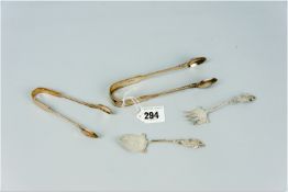 A bright cut pair of silver sugar tongs, 2.7 ozs, another pair and a bright cut jam spoon and fork