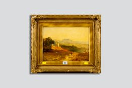 Early 19th Century School oil on canvas - moorish landscape scene with lake, ruin and figure on a