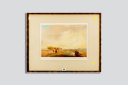 JESSIE FURBER coloured print - shorescape with cockle gatherers, horses and carts etc, signed and