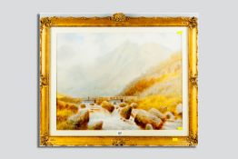 R THORNTON watercolour - landscape, Pont-y-Garth Bridge and Snowdon with figure on the bridge,