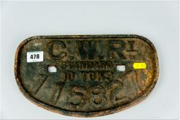 A cast metal GWR wagon plate for a standard ten ton wagon and numbered 115827, 6.5 x 11 ins (16.5