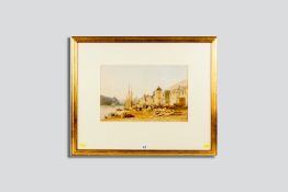 FREDERICK NASH watercolour - Continental town and quayside scene with numerous boats and figures and