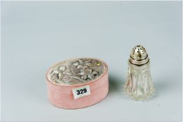 An oval pink felt jewellery box with 925 silver floral lid and a glass sugar shaker with silver top