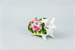 A pottery cabbage rose patterned Wemyss standing pig, painted Wemyss mark in green to the base, 6.25