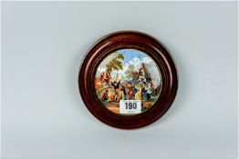 A framed Prattware pot lid 'The Village Wedding'