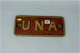 An original bronze engine name plate for 'Una' from Pen-yr-Orsedd Quarry in the Nantlle Valley, this