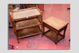 A Priory style side table with drawer and a three tier oak tea trolley