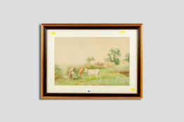 HORACE HAMMOND watercolour - rural scene, milkmaid in a field feeding a cow and a calf with