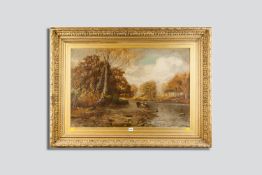 JAMES WATTS oil on canvas - English river scene with cattle watering, signed, 24 x 36 ins (61 x 91