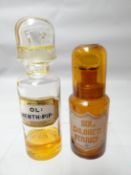 A brown glass covered re-agent bottle (labelled) together with a clear glass version (labelled)