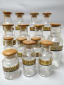 A good collection of early clear glass pharmaceutical bottles with cork and linium stoppers and each
