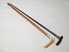 An ebonised walking cane with silver ferrule and another with horn handle
