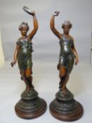 A pair of early twentieth century spelter musician figures on circular wooden bases, 18.5 ins