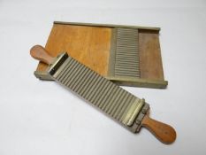 A wooden and brass pharmaceutical pill-roller and roller board
