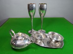 An Elkington & Co EPNS teapot and matching sugar basin, an EPNS trio and a pair of modern EPNS