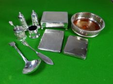 A parcel of mixed small EPNS items including wine-coaster, cigarette cases and two boxes etc