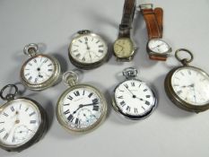 A cigar box containing two hallmarked silver pocket watches, a white metal pocket watch with