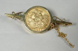 A 1906 full sovereign in a 9ct bar brooch mount, 11.5 gms total
