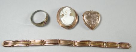 A 9ct yellow gold heart-shaped locket; together with an 18ct antique silver ring, cameo brooch and