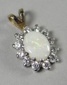 An oval opal pendant surrounded by tiny diamonds