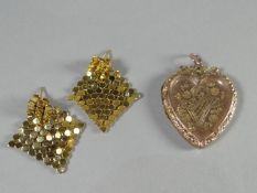 A pair of 9ct yellow gold chain-mail earrings, 4 gms and a 9ct gold 'back and front' heart shaped