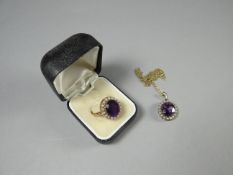A 9ct yellow gold amethyst and pearl ring and matching oval pendant