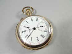 A machine turned 14K yellow gold open faced 5 second repeating keyless lever chronograph by Timing