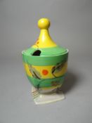 A Clarice Cliff footed preserve pot with spinning-top shaped lid,shape no. 690, unknown pattern