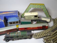 A large parcel of tin plate Hornby accessories and wagons, track etc
