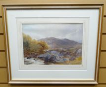 WATERCOLOUR: W Artingstall RCA - mountainous river scene with drover and cattle, 9 x 13 ins (23 x 33
