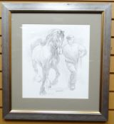 PENCIL DRAWING: Aneurin Jones - study of a cob and handler, signed, 15.5 x 14 ins (40 x 35 cms)