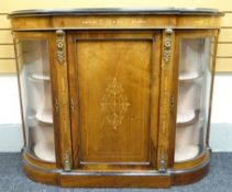 A mid-Victorian burr walnut credenza with gilt metal mounts, marquetry inlay, ebony trimming and