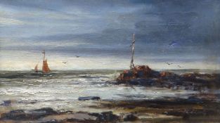 OIL ON CANVAS: Richard Short - coastal view with signal and vessel, signed, 6.75 x 11 ins (17 x 28