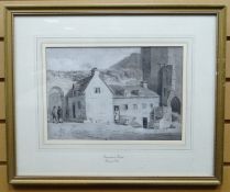 BLACK AND WHITE WATER MONOCOLOUR: David Cox Jnr - one of Caernarfon Castle's towers and arch with