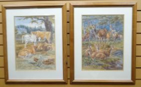 WATERCOLOURS - A PAIR: Unknown artist - herd of deer standing and resting in woodland, 18.5 x 12.