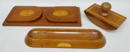 A Sheraton style inlaid mahogany book-slide together with matching pen-stand and blotter