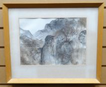 WATERCOLOUR AND PENCIL: AH Edminton - Welsh village with figures entitled verso 'Dai Pili- Props'