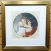 PRINT: Indistinctly signed - circular portrait of two children, with Fine Art Trade Guild Stamp,
