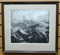 ETCHING PRINT: David Woodford - the mountain tops of Snowdonia with Snowdon, signed, 11 x 13 ins (28