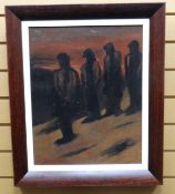 OIL ON CANVAS: Manner of Josef Herman - four standing figures at sunset, 19.75 x 15.25 ins (50 x