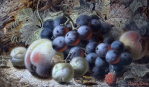 OLIVER CLARE oil on panel - entitled 'Fruit on a Mossy Bank', signed, 5.5 x 9 ins (14 x 23 cms) (