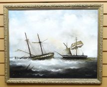 OIL ON BOARD: D Hewitt - two clipper ships being wrecked in a storm, signed, 21 x 29 ins (54 x 69