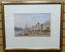 WATERCOLOUR: Frederick Nash - Continental town and quayside scene with numerous boats and figures
