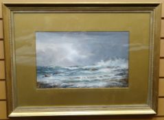 WATERCOLOUR: Richard Short - crashing waves on rocks, signed, 11 x 17.5 ins (29 x 44 cms) MOUNTED